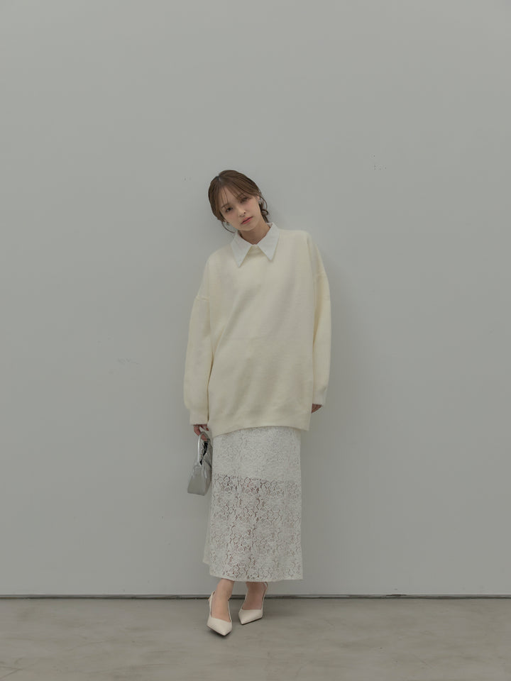 【SET】オーバーサイズニットプルオーバー+パールボタンサテンシャツ+フラワーベロアレースAラインスカート(3set)