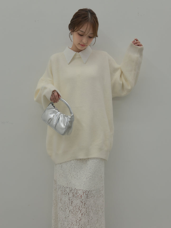 【SET】オーバーサイズニットプルオーバー+パールボタンサテンシャツ+フラワーベロアレースAラインスカート(3set)