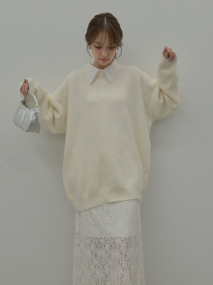 【SET】オーバーサイズニットプルオーバー+パールボタンサテンシャツ+フラワーベロアレースAラインスカート(3set)