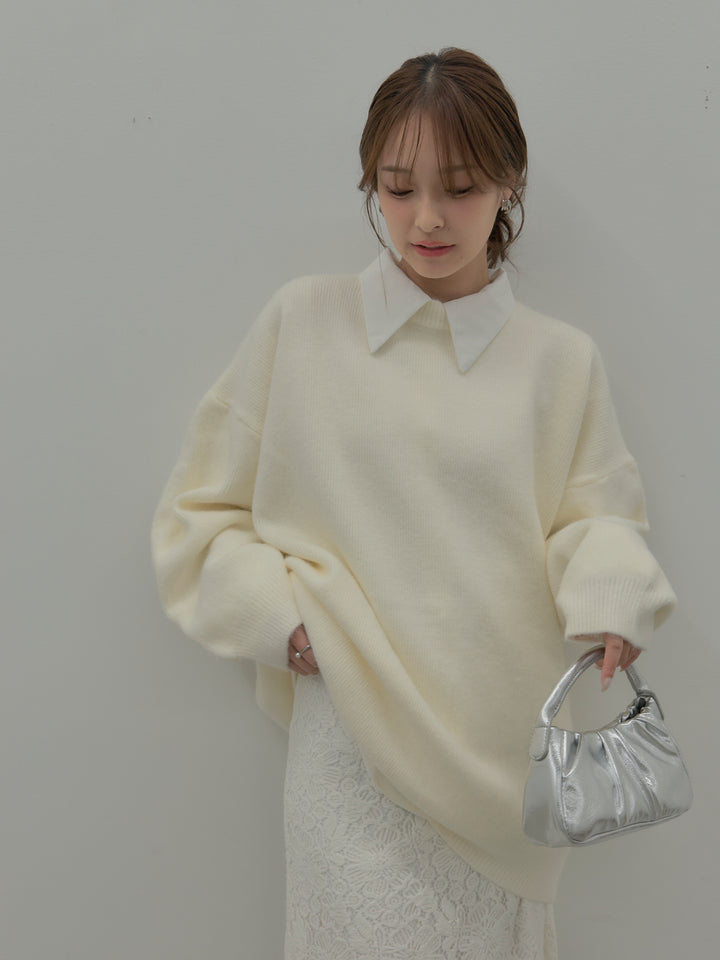 【SET】オーバーサイズニットプルオーバー+パールボタンサテンシャツ+フラワーベロアレースAラインスカート(3set)