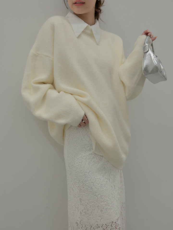 【SET】オーバーサイズニットプルオーバー+パールボタンサテンシャツ+フラワーベロアレースAラインスカート(3set)