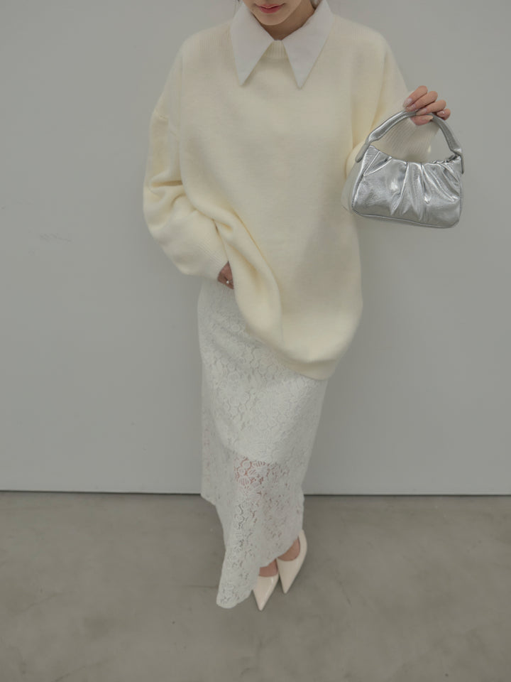 【SET】オーバーサイズニットプルオーバー+パールボタンサテンシャツ+フラワーベロアレースAラインスカート(3set)