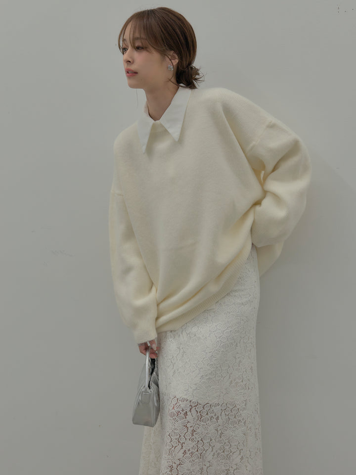 【SET】オーバーサイズニットプルオーバー+パールボタンサテンシャツ+フラワーベロアレースAラインスカート(3set)