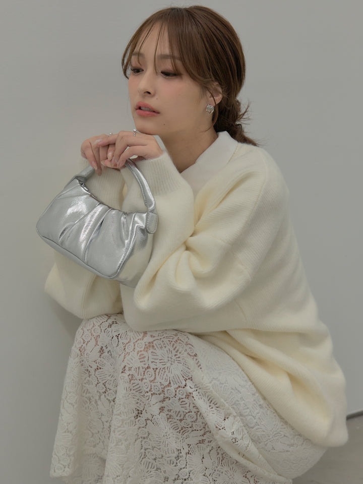 【SET】オーバーサイズニットプルオーバー+パールボタンサテンシャツ+フラワーベロアレースAラインスカート(3set)