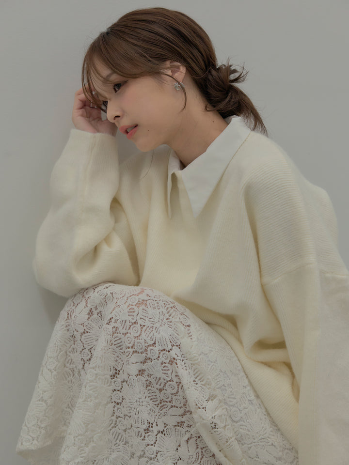 【SET】オーバーサイズニットプルオーバー+パールボタンサテンシャツ+フラワーベロアレースAラインスカート(3set)