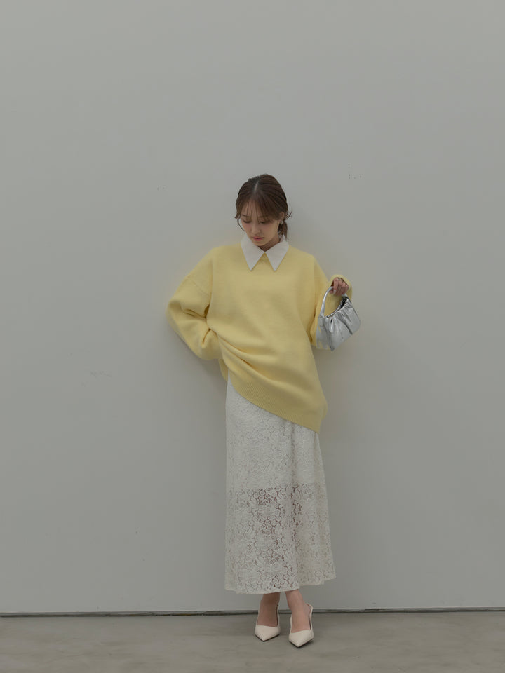 【SET】オーバーサイズニットプルオーバー+パールボタンサテンシャツ+フラワーベロアレースAラインスカート(3set)