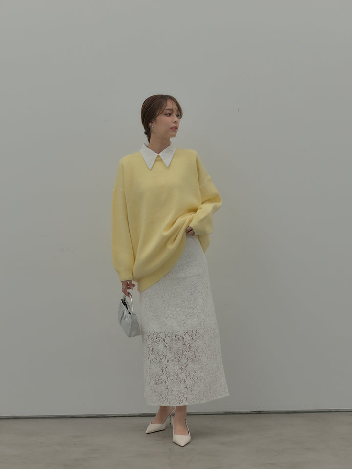 【SET】オーバーサイズニットプルオーバー+パールボタンサテンシャツ+フラワーベロアレースAラインスカート(3set)