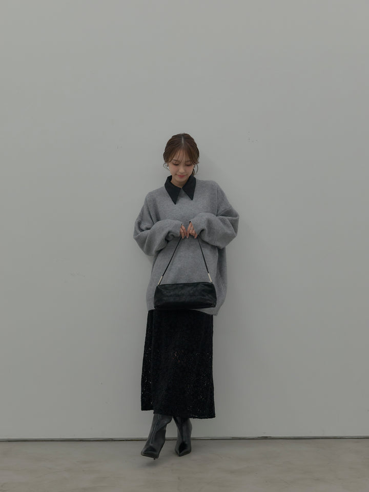 【SET】オーバーサイズニットプルオーバー+パールボタンサテンシャツ+フラワーベロアレースAラインスカート(3set)