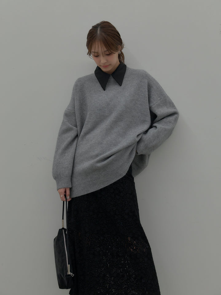 【SET】オーバーサイズニットプルオーバー+パールボタンサテンシャツ+フラワーベロアレースAラインスカート(3set)