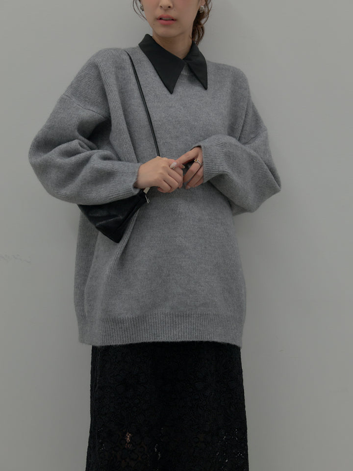 【SET】オーバーサイズニットプルオーバー+パールボタンサテンシャツ+フラワーベロアレースAラインスカート(3set)