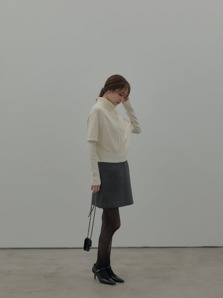 【SET】デザイン編みレイヤードニットSET+シャイニーウールタッチ台形ミニスカート(2set)