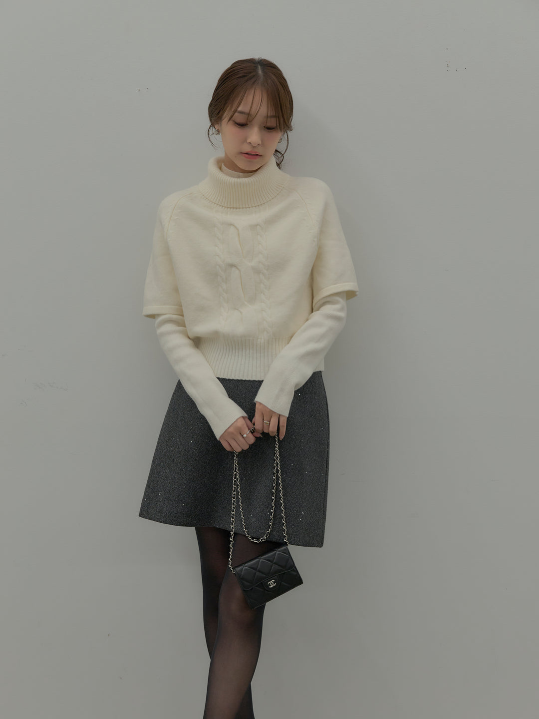 【SET】デザイン編みレイヤードニットSET+シャイニーウールタッチ台形ミニスカート(2set)