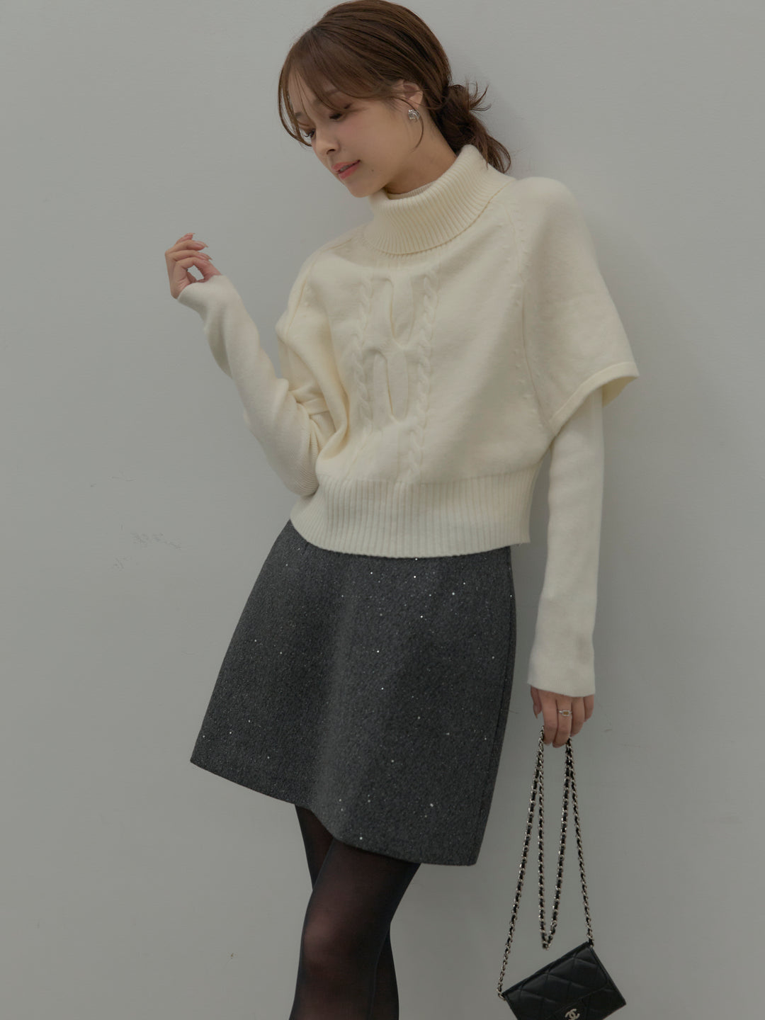 【SET】デザイン編みレイヤードニットSET+シャイニーウールタッチ台形ミニスカート(2set)