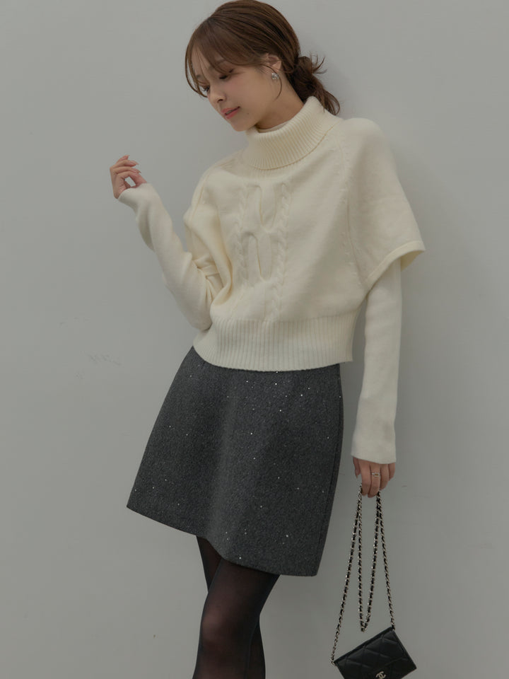 【SET】デザイン編みレイヤードニットSET+シャイニーウールタッチ台形ミニスカート(2set)