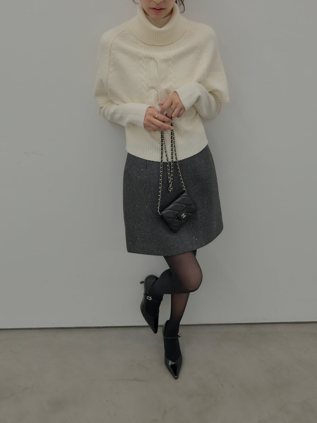 【SET】デザイン編みレイヤードニットSET+シャイニーウールタッチ台形ミニスカート(2set)