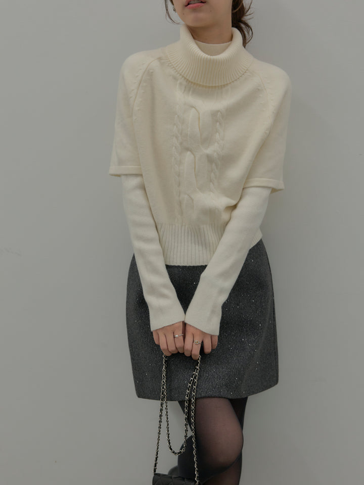 【SET】デザイン編みレイヤードニットSET+シャイニーウールタッチ台形ミニスカート(2set)