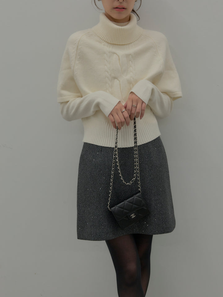 【SET】デザイン編みレイヤードニットSET+シャイニーウールタッチ台形ミニスカート(2set)