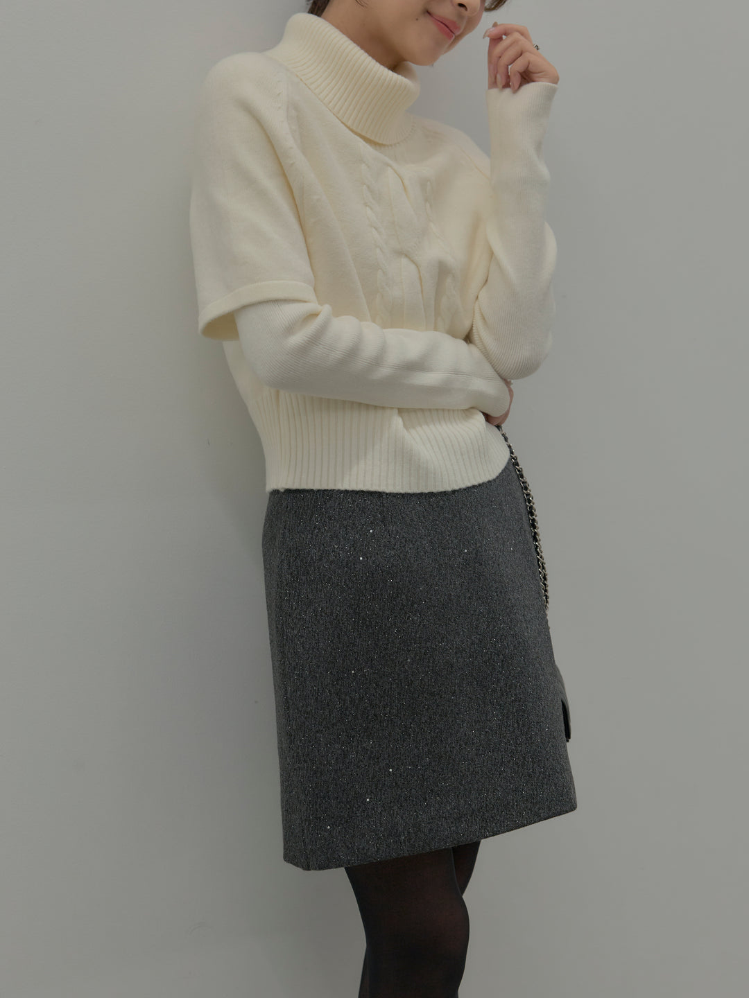 【SET】デザイン編みレイヤードニットSET+シャイニーウールタッチ台形ミニスカート(2set)