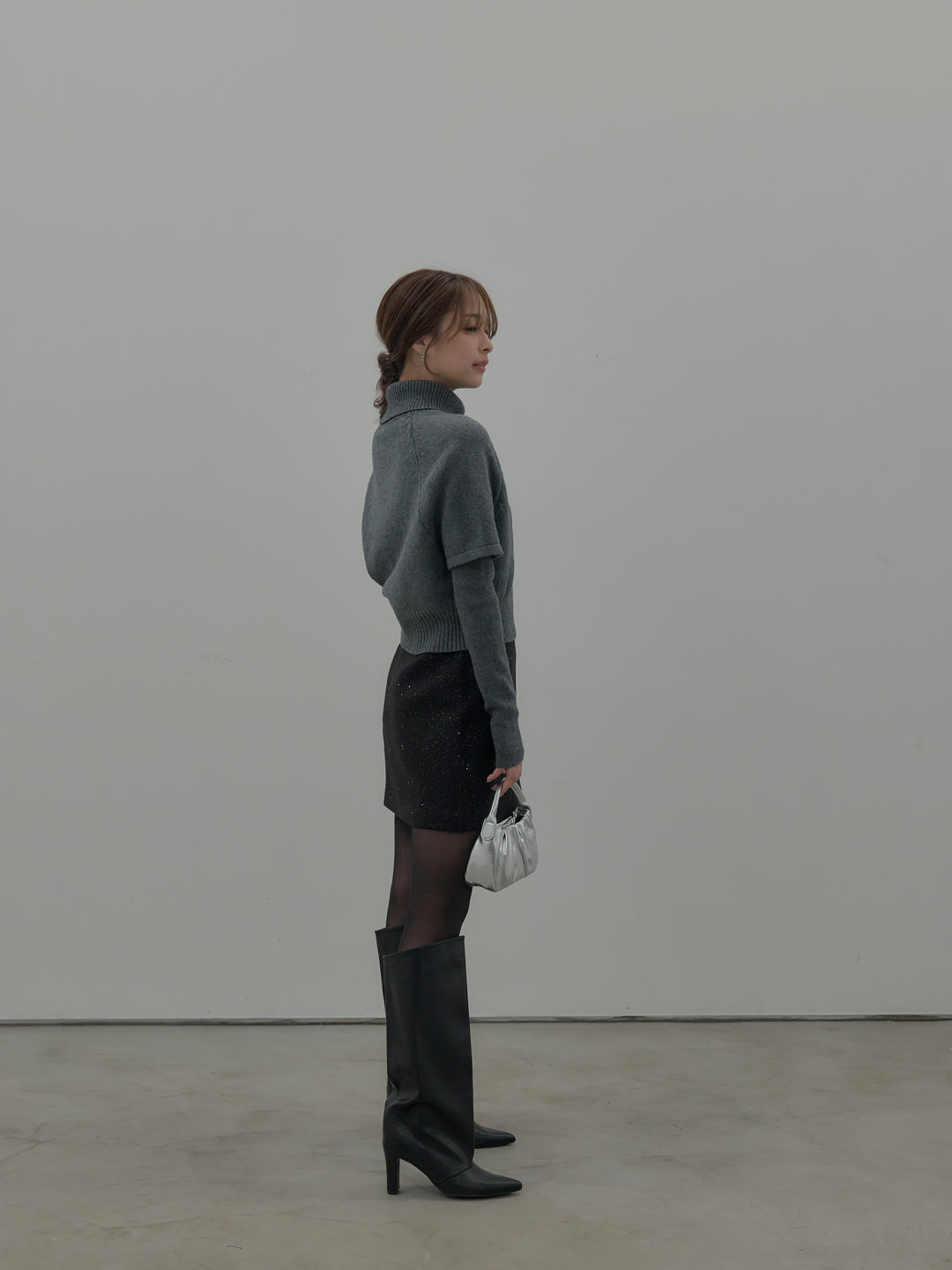 【SET】デザイン編みレイヤードニットSET+シャイニーウールタッチ台形ミニスカート(2set)