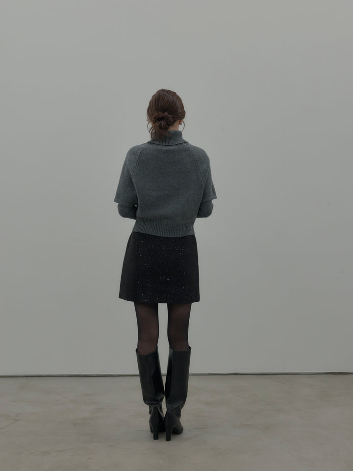 【SET】デザイン編みレイヤードニットSET+シャイニーウールタッチ台形ミニスカート(2set)