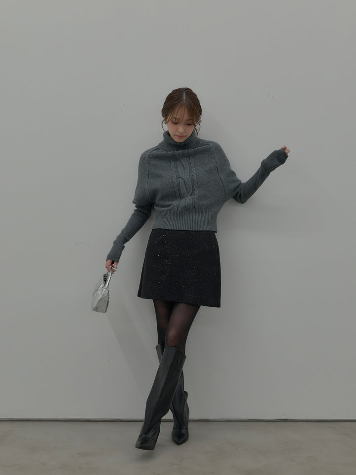 【SET】デザイン編みレイヤードニットSET+シャイニーウールタッチ台形ミニスカート(2set)