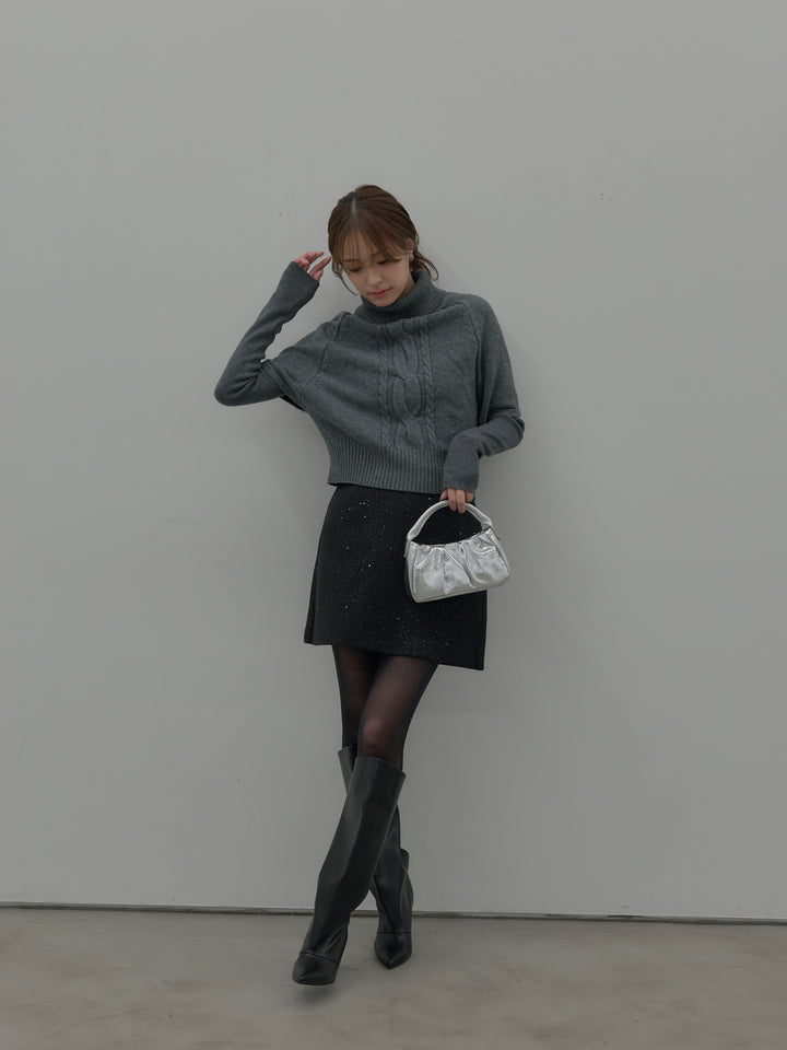 【SET】デザイン編みレイヤードニットSET+シャイニーウールタッチ台形ミニスカート(2set)