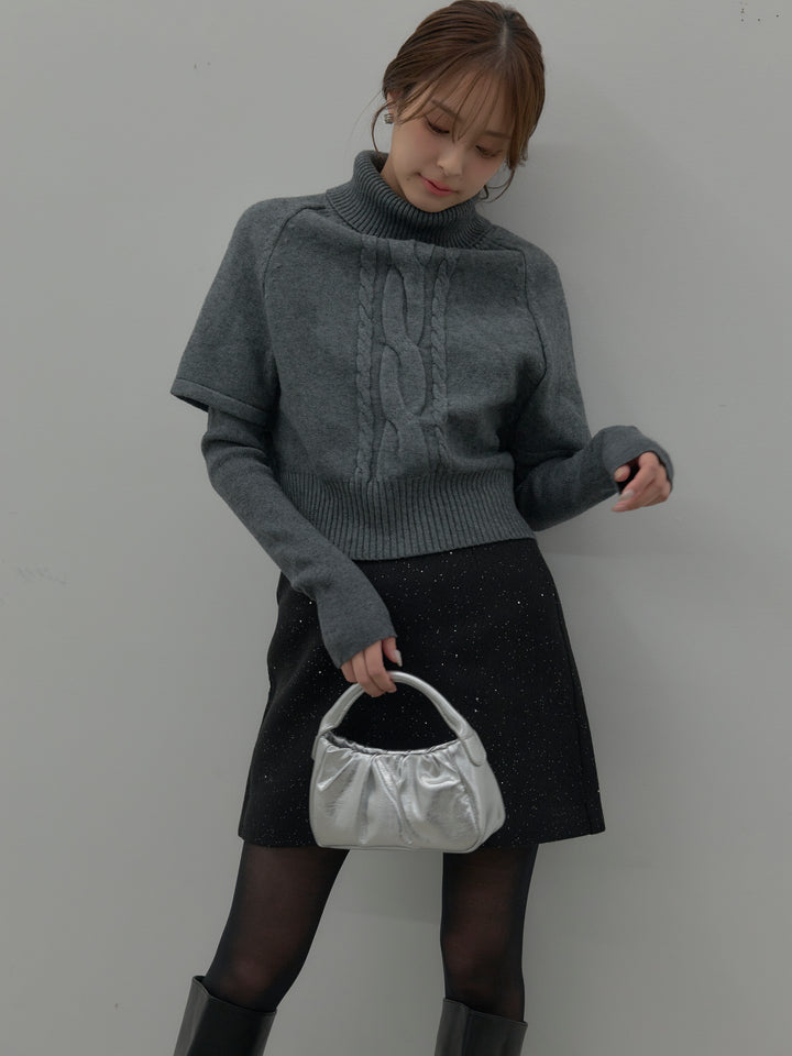【SET】デザイン編みレイヤードニットSET+シャイニーウールタッチ台形ミニスカート(2set)