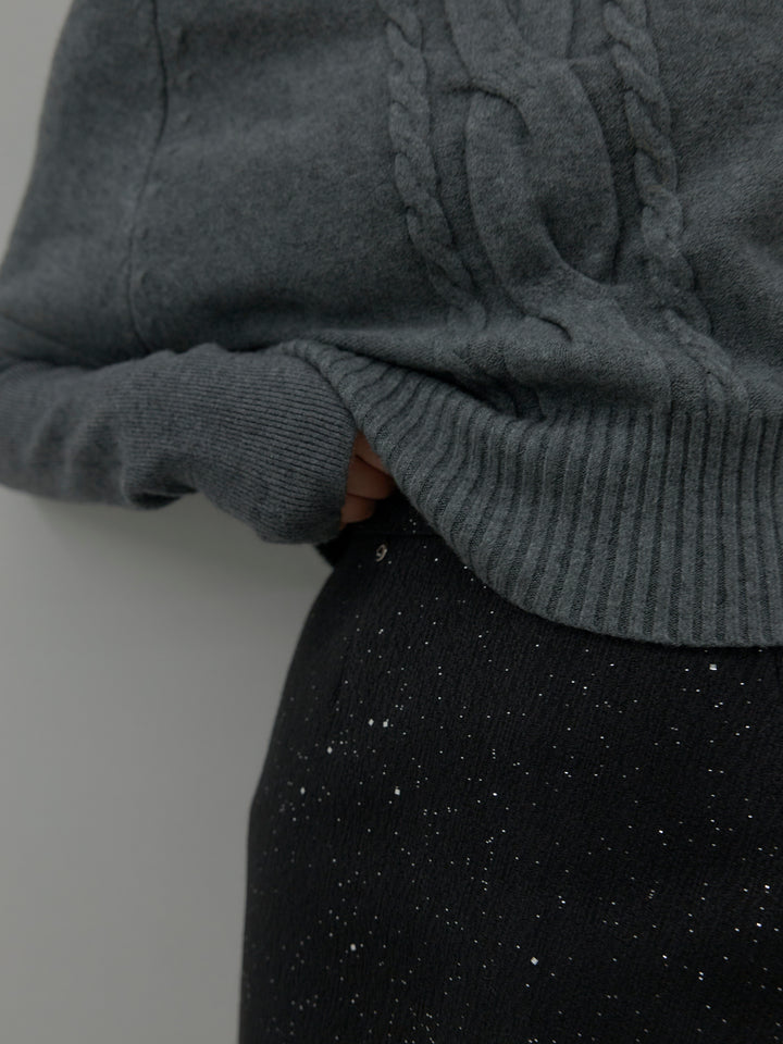 【SET】デザイン編みレイヤードニットSET+シャイニーウールタッチ台形ミニスカート(2set)