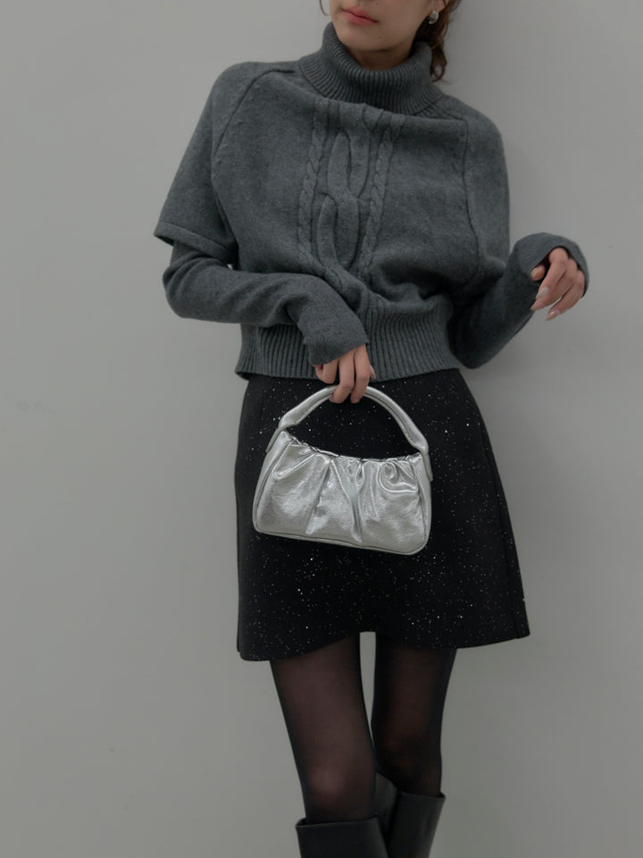 【SET】デザイン編みレイヤードニットSET+シャイニーウールタッチ台形ミニスカート(2set)