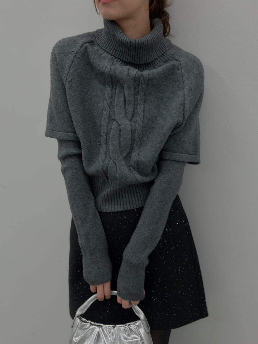 【SET】デザイン編みレイヤードニットSET+シャイニーウールタッチ台形ミニスカート(2set)