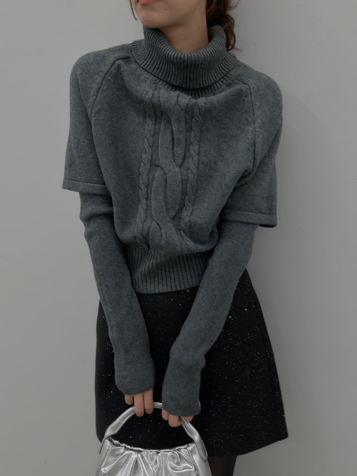 【SET】デザイン編みレイヤードニットSET+シャイニーウールタッチ台形ミニスカート(2set)