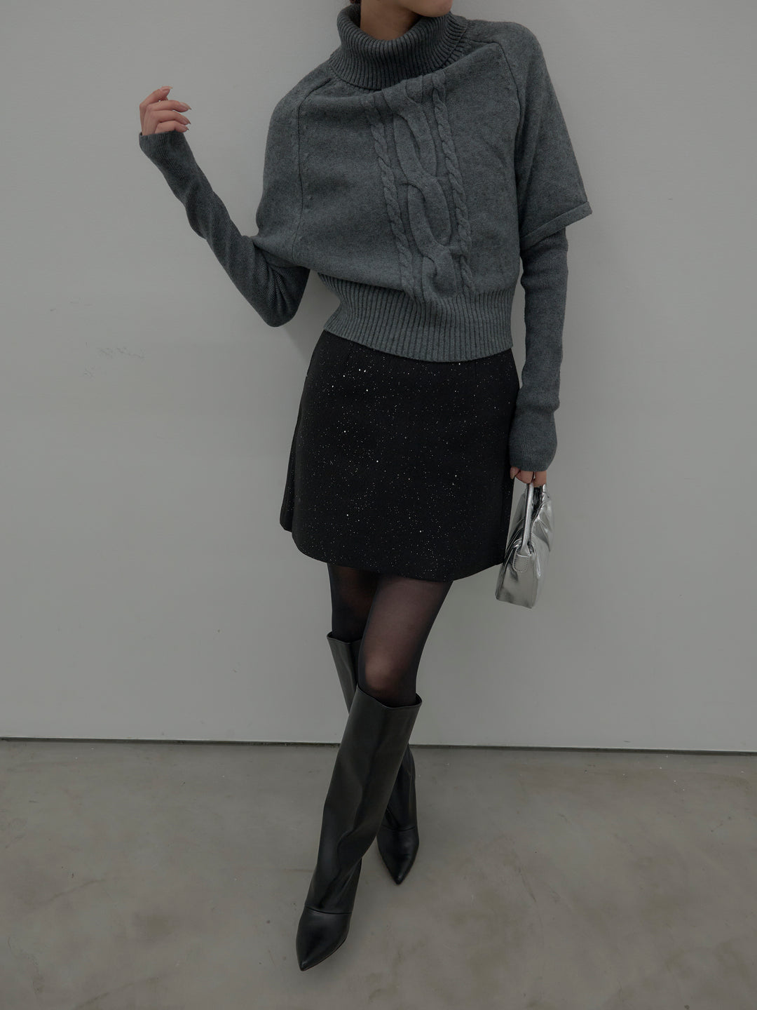 【SET】デザイン編みレイヤードニットSET+シャイニーウールタッチ台形ミニスカート(2set)