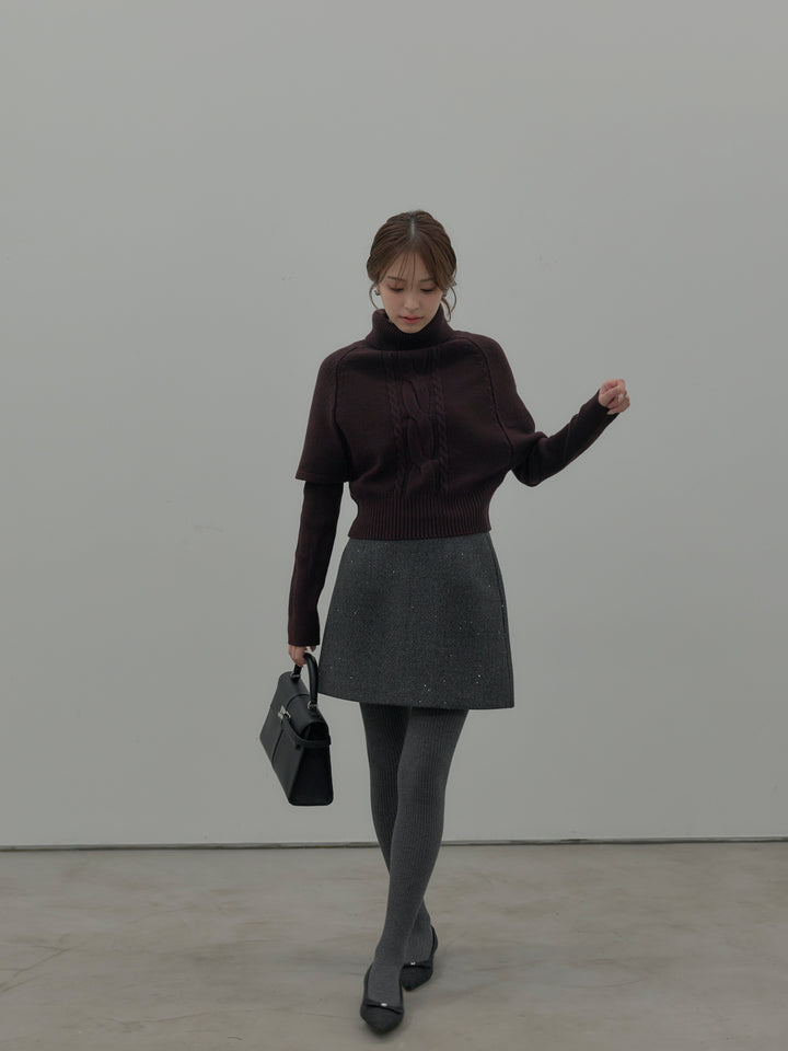 【SET】デザイン編みレイヤードニットSET+シャイニーウールタッチ台形ミニスカート(2set)