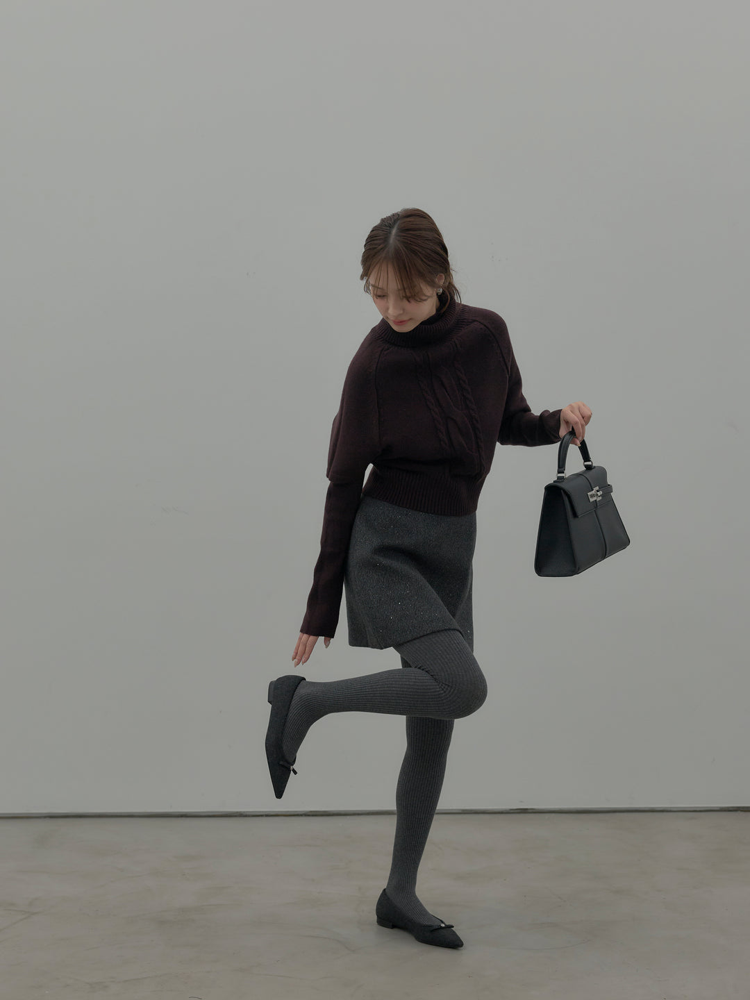 【SET】デザイン編みレイヤードニットSET+シャイニーウールタッチ台形ミニスカート(2set)