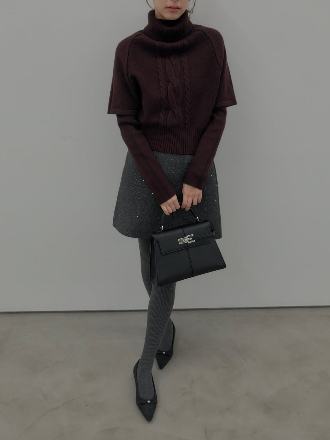 【SET】デザイン編みレイヤードニットSET+シャイニーウールタッチ台形ミニスカート(2set)