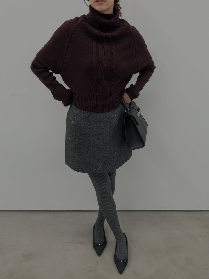 【SET】デザイン編みレイヤードニットSET+シャイニーウールタッチ台形ミニスカート(2set)