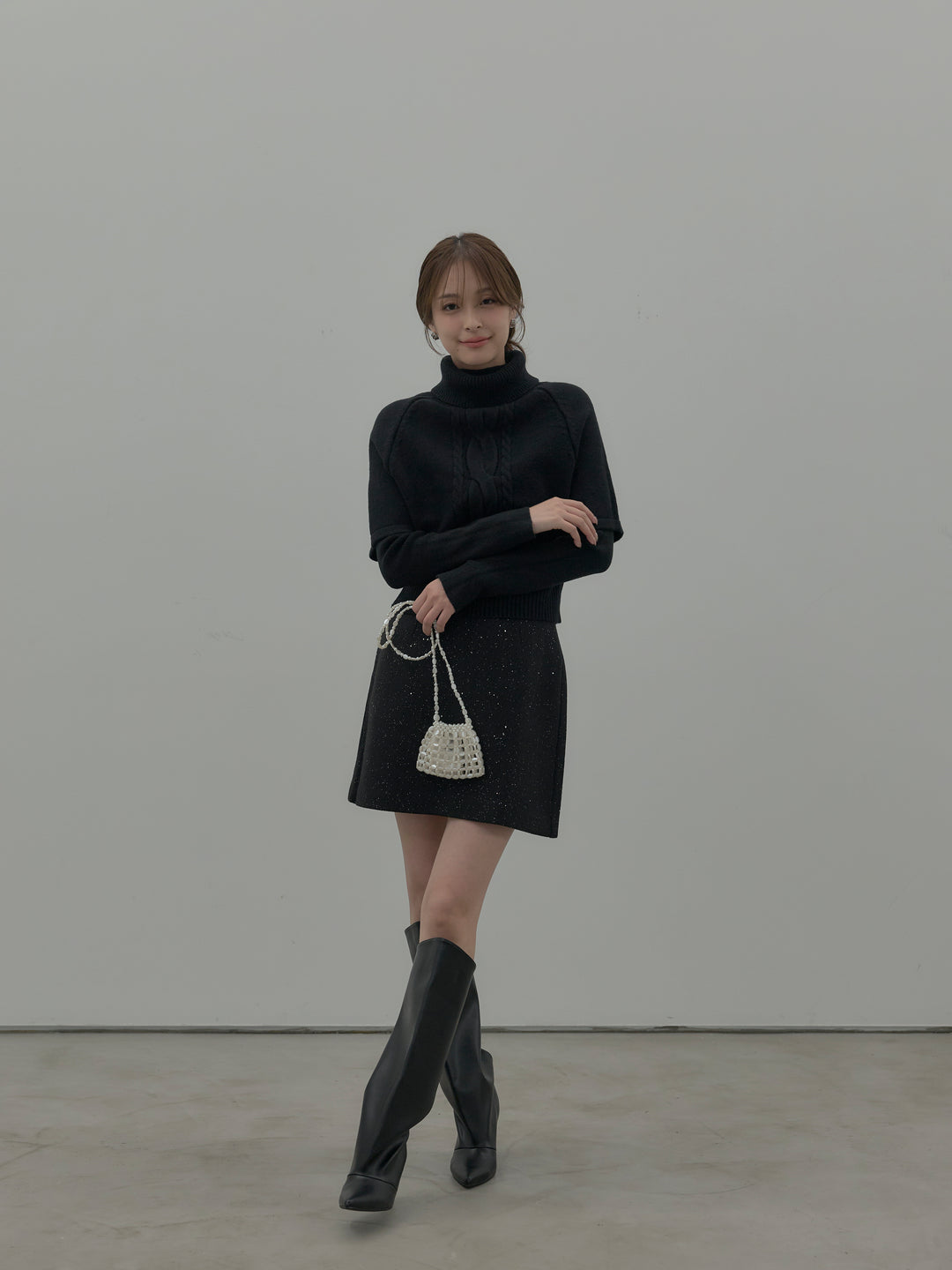 【SET】デザイン編みレイヤードニットSET+シャイニーウールタッチ台形ミニスカート(2set)