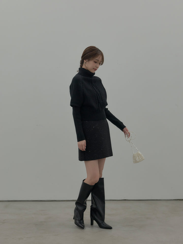 【SET】デザイン編みレイヤードニットSET+シャイニーウールタッチ台形ミニスカート(2set)