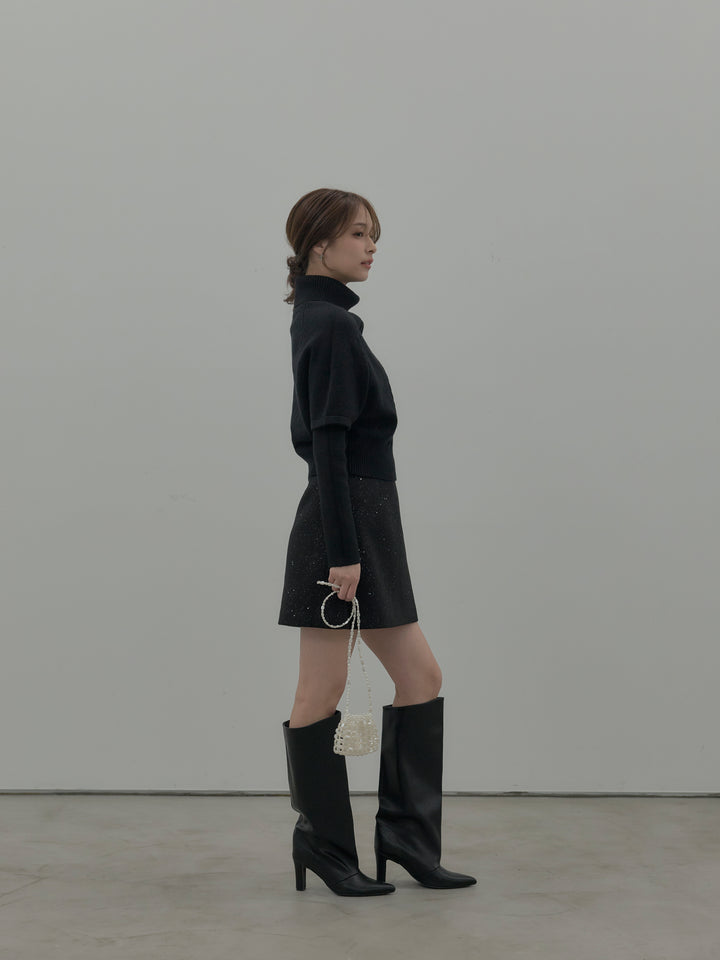 【SET】デザイン編みレイヤードニットSET+シャイニーウールタッチ台形ミニスカート(2set)