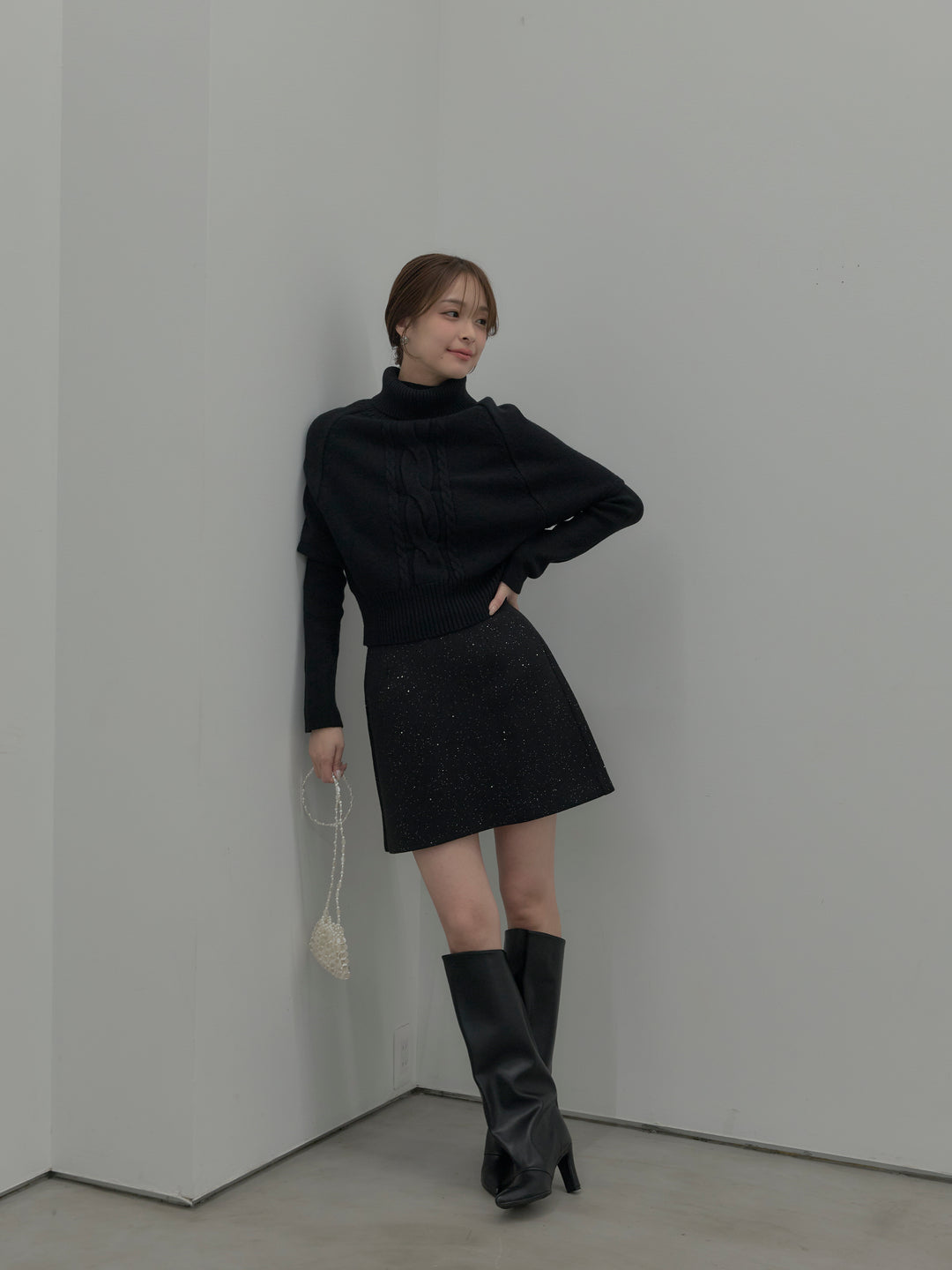 【SET】デザイン編みレイヤードニットSET+シャイニーウールタッチ台形ミニスカート(2set)