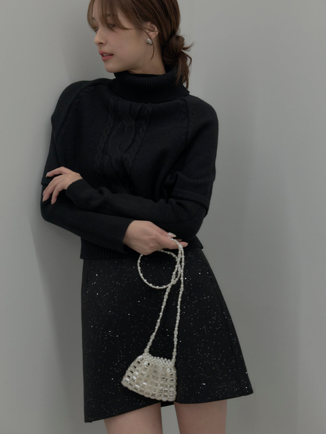 【SET】デザイン編みレイヤードニットSET+シャイニーウールタッチ台形ミニスカート(2set)