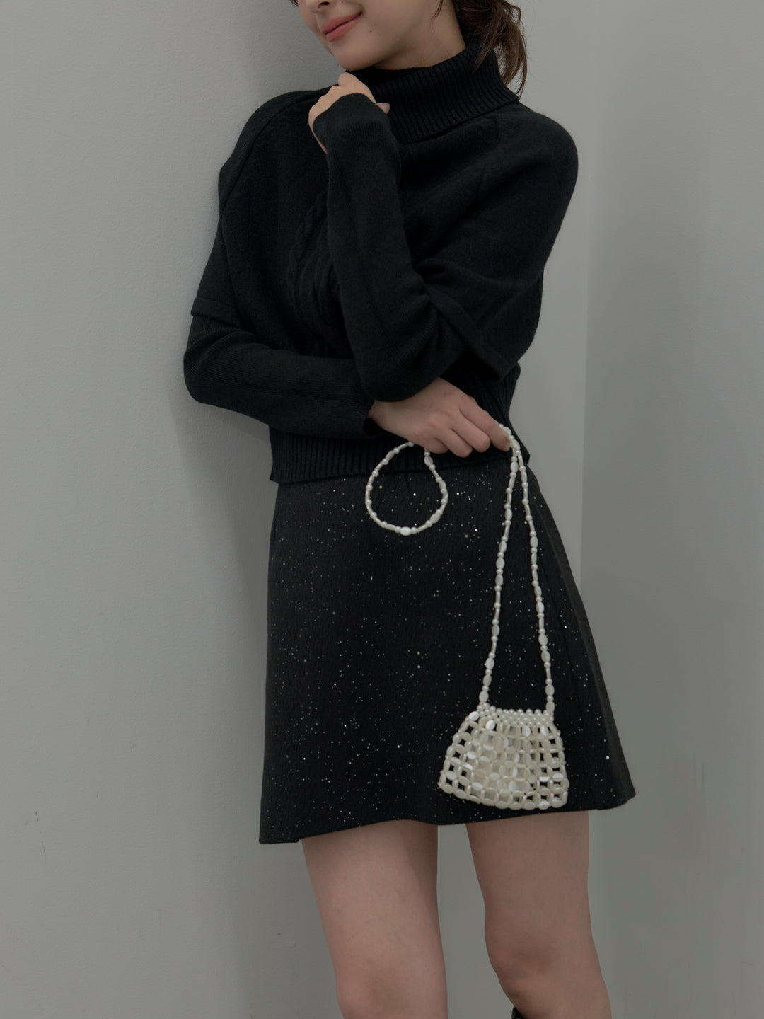 【SET】デザイン編みレイヤードニットSET+シャイニーウールタッチ台形ミニスカート(2set)