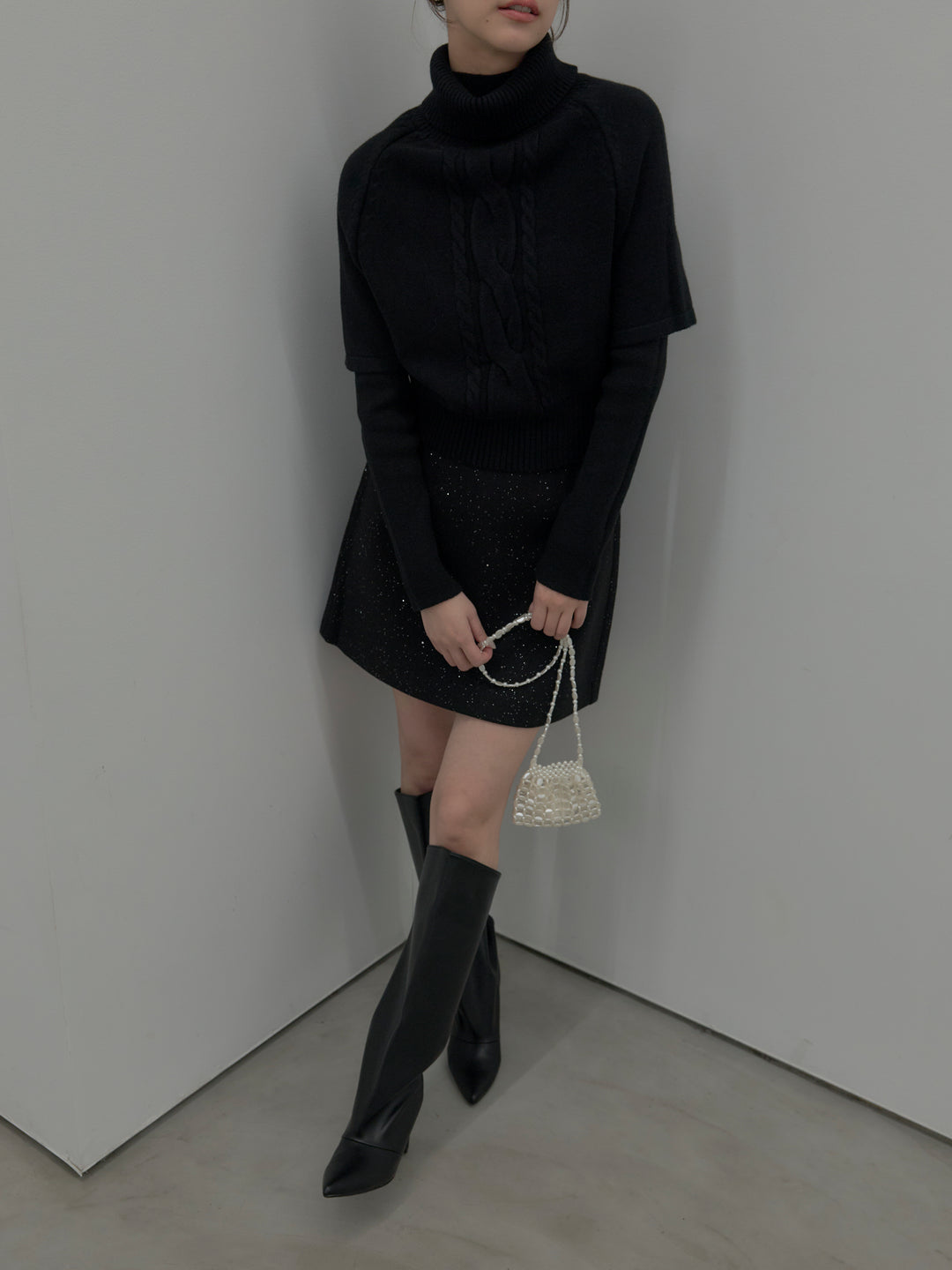 【SET】デザイン編みレイヤードニットSET+シャイニーウールタッチ台形ミニスカート(2set)