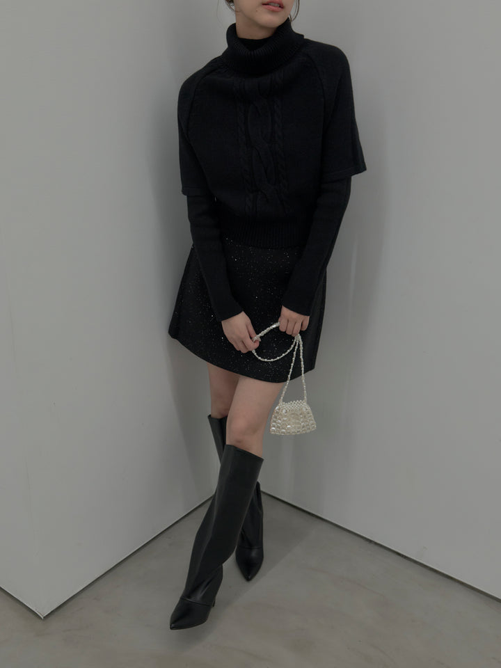 【SET】デザイン編みレイヤードニットSET+シャイニーウールタッチ台形ミニスカート(2set)