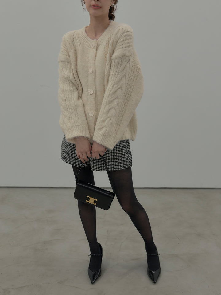 【SET】肉厚ケーブル編みニットカーディガン+千鳥格子ウールタッチショートパンツ(2set)