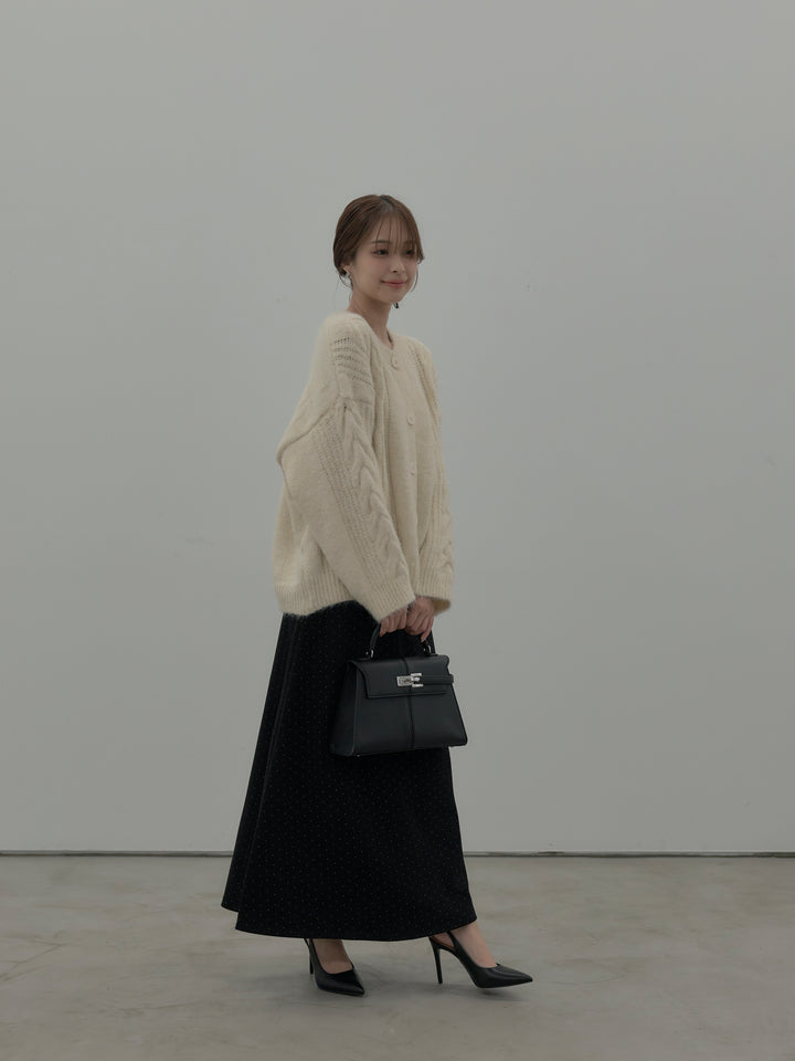 【SET】肉厚ケーブル編みニットカーディガン+裏起毛ドット柄Aラインスカート(2set)