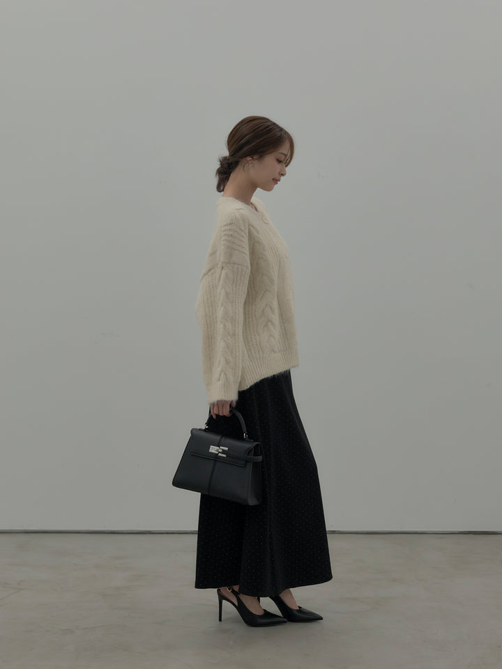 【SET】肉厚ケーブル編みニットカーディガン+裏起毛ドット柄Aラインスカート(2set)