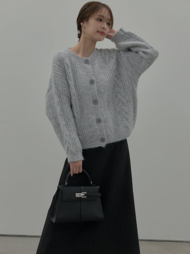 【SET】肉厚ケーブル編みニットカーディガン+裏起毛ドット柄Aラインスカート(2set)