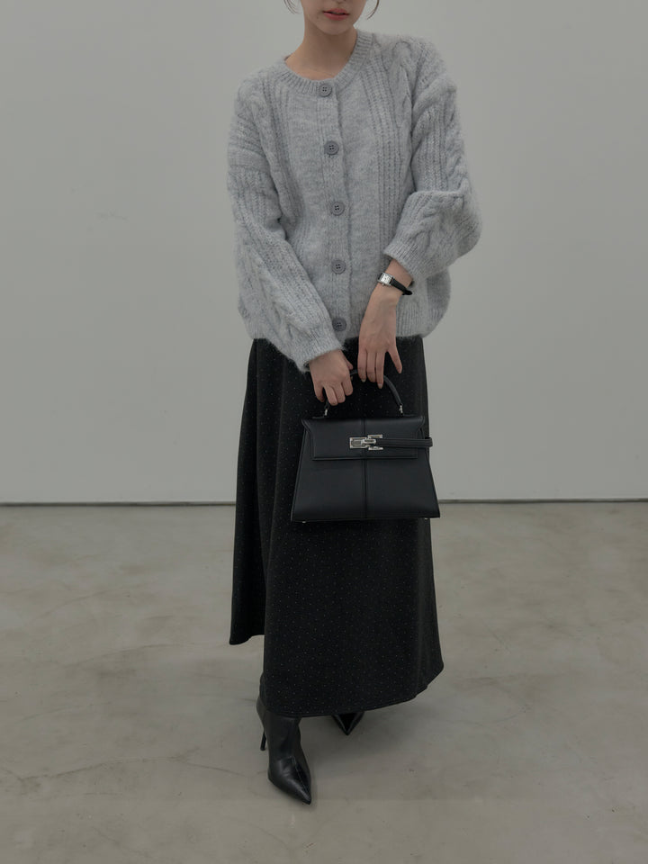 【SET】肉厚ケーブル編みニットカーディガン+裏起毛ドット柄Aラインスカート(2set)