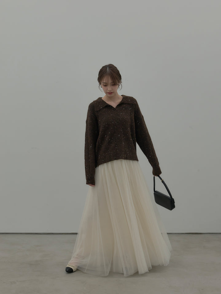 【SET】スパンコールスキッパーニットトップス+ボリュームチュールスカート(2set)